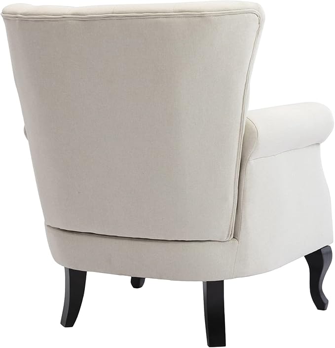 DM Furniture Mid Century Accent Chair for Living Room, Linen Fabric Button Tufted Armchair Wingback Club Chair, Modern Single Sofa Lounge Chair with Pillow for Reception/Bedroom, Beige