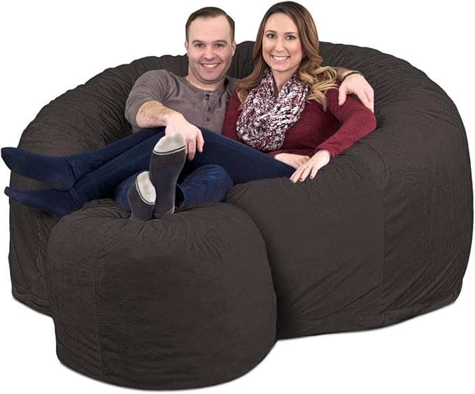 Ultimate Sack 6000 6-Foot Bean Bag Chair with Footstool, Grey Suede Cover – Oversized Foam Lounger, Floor Seat, Small Sofa, or Couch Bed for Living Area, Gaming Room, or Reading Lounge