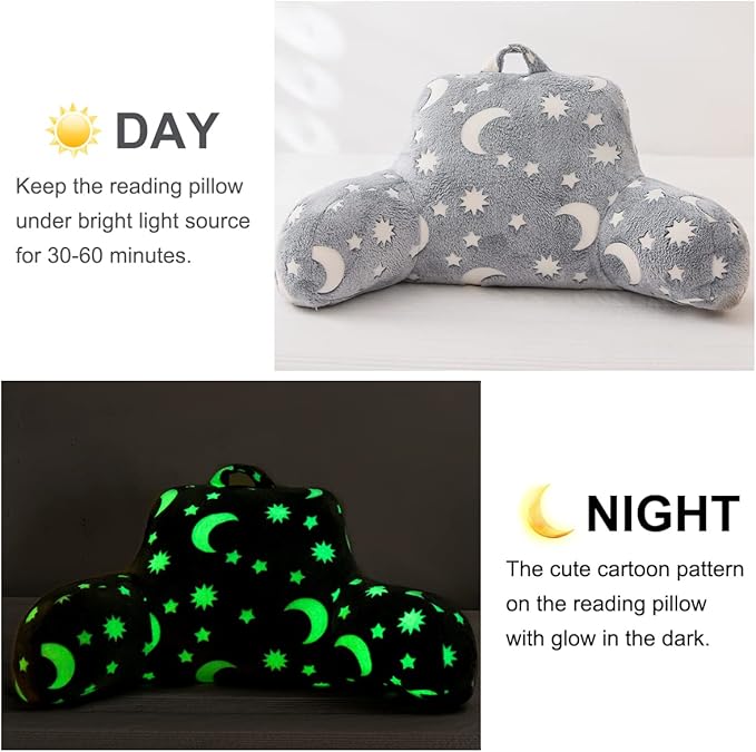 Holawakaka Glow in The Dark Reading Pillow for Sitting up in Bed Sofa Kids Teens, Luminous Moon Stars Backrest Pillow with Arms for Boys Girls Petites, Back Support Cushion for Couch Nursery Playroom