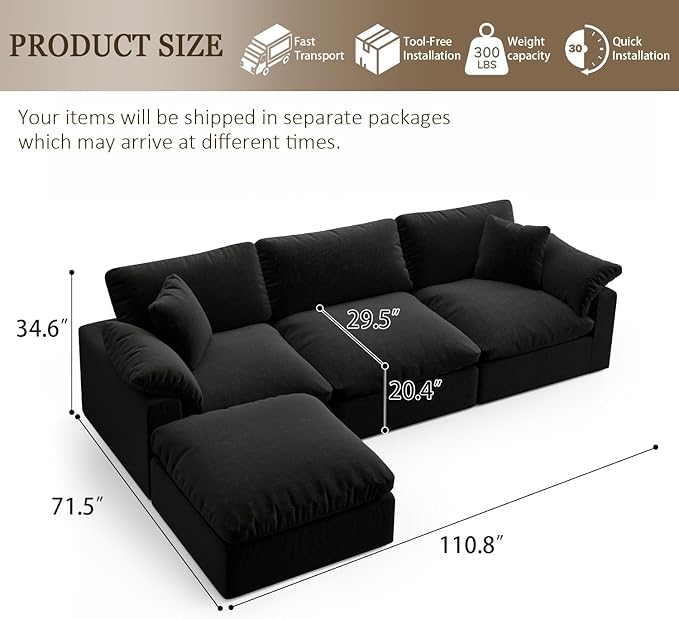 Forest aesthetics Modular Sectional Sofa Cloud Couch,Down Filled Comfy Cloud Modern Sofa,Black Linen L Shape Oversized Couch Cushion Covers Removable Furniture for Living Room