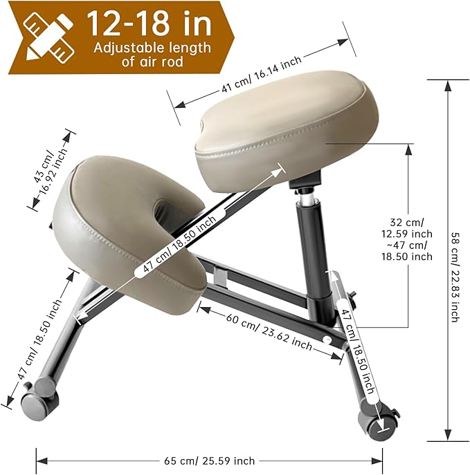 PU Leather Ergonomic Kneeling Chair, Adjustable Home and Office Stool with Thick Pads and Flexible Lockable Brake Wheels for Back Pain Relief（Dark Brown）