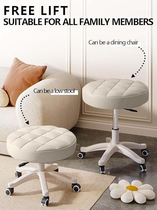 HDHNBA Small Chair Round Rolling Stool with Wheels PU Leather Height Adjustable Swivel Drafting Work SPA Salon Stools Home Office Chair,2 Pack