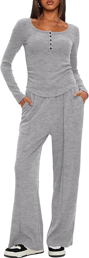 Darong Womens 2 Piece Matching Lounge Sets 2026 Long Sleeve Henley Shirts Wide Leg Pants Airport Travel Outfits