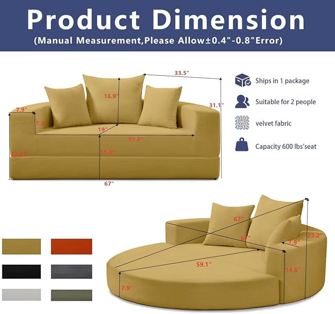 67" Round Convertible Folding Sofa Bed, Boneless Couch Loveseat, Floor Sleeper Chaise Lounge for Living Room, Apartment, Dorm, Small Spaces, Yellow