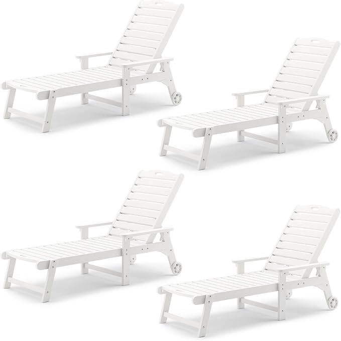 LUE BONA Outdoor Chaise Lounge Chairs Set of 4, HDPS Chaise Lounger, 5 Positions Adjustable Lounge Chairs, Pool Lounge Chair with Wheels for Poolside, White