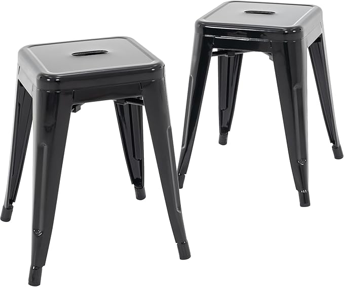 Brage Living 18 Inch Industrial Metal Stools Set of 2, Short Stackable Classroom Stools, Backless Metal Dining Chairs for Indoor Outdoor Kitchen (Black)