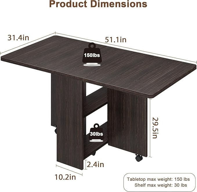 IDEALHOUSE Folding Dining Table, Drop Leaf Dining Table with 6 Wheels and 2-Layer Storage Shelf, Space Saving Kitchen Table for Small Spaces (Dark Walnut, 50.1" D x 31.4" W x 29.5" H)
