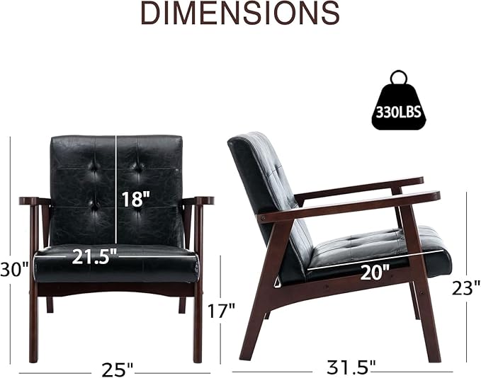 Bonzy Home Accent Chair - Faux Leather Mid Century Modern Chair for Living Room | Sturdy Solid Wood Frame Armchair, Comfy Retro Chair for Bedroom & Small Spaces, Accent Chairs, Black