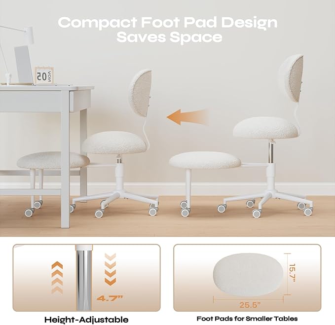 Pinmoco Ergonomic Cross Legged Office Chair with Wheels, ADHD Chair for Adults, Meditation Chair, Yoga Office Chair, Comfortable Back Support, Height Adjustable,Small Spaces, Teddy Fabric, White