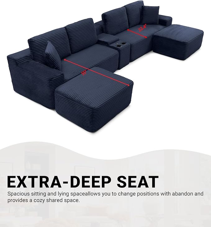 150" Oversized Modular Sectional Sofa, Deep Seat Cloud L-Shape Corduroy Couch with Cup Holders, USB Ports, Wireless Charging & Storage Box, Upholstered Modular Sleeper Sofa for Living Room (Blue)