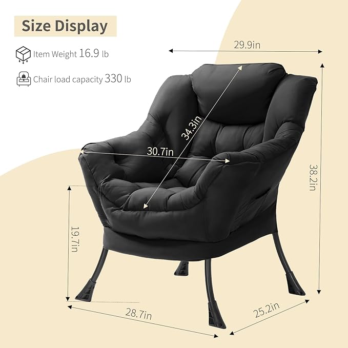 TLSUNNY Lazy Chair, Modern Comfy Lounge Accent Chair, Large Sofa Armchair with a Side Pocket, Leisure Reading Chair for Bedroom, Living Room, Dorm (Black)