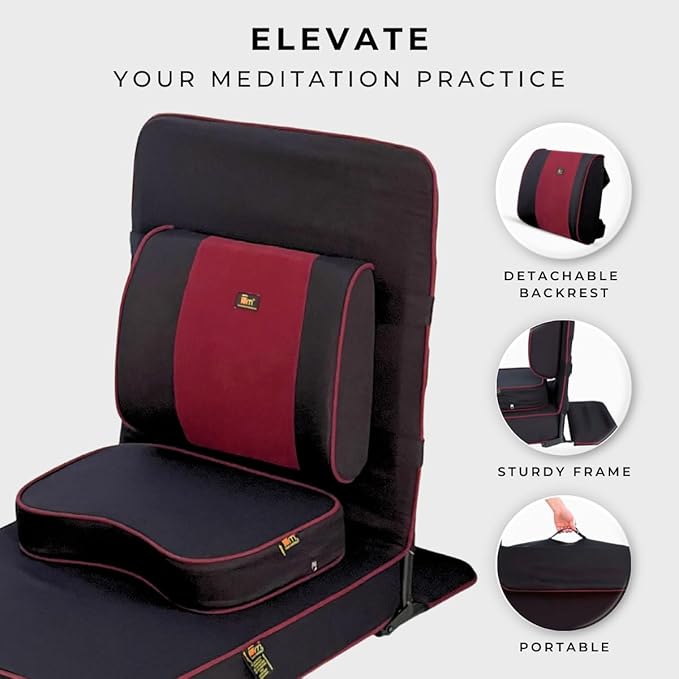 Friends of Meditation Extra Large Meditation Chair | Floor Chair with Back Support | Yoga Chairs for Adults | Portable Folding Chair | Yoga Chair with Cushion & Meditation Block | Black | 24x22 in