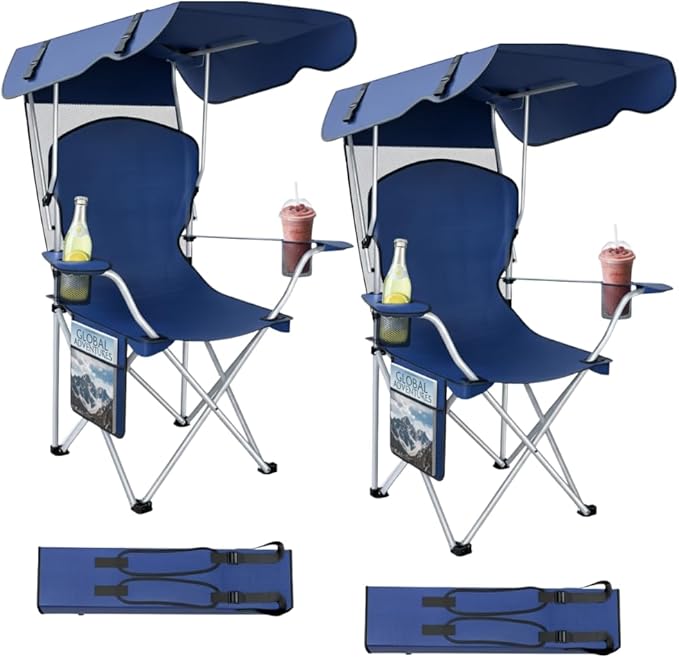 CozyBox Portable Folding Camping Chairs with Canopy Shade, Beach Chair for Adults, Durable Weather Resistant 600D Oxford Cloth, Camping Chair with Canopy for Outdoors [Navy-2 Pack]