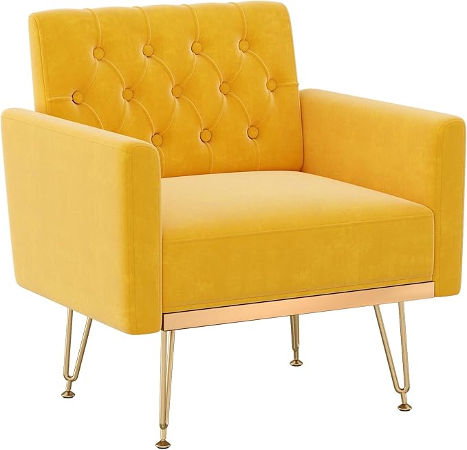 Accent Chair for Living Room, Comfy Oversized Velvet Upholstered Arm Chairs, Mid Century Modern Reading Single Sofa Side Chair with Tufted Back and Gold Legs for Bedroom (1, Mustard)