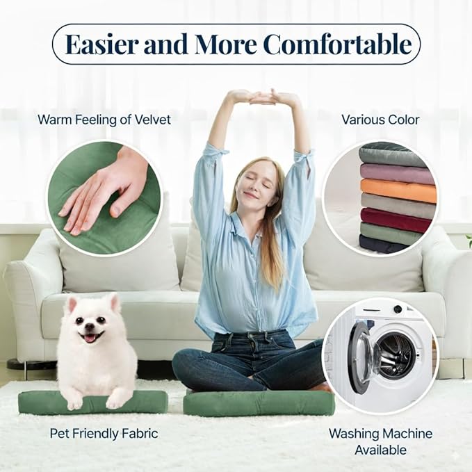 Velvet Floor Pillow Set of 2, Square Large Pillows Seating for Adults, Green Tufted Cushions for Meditation, Yoga Tatami Living Room Chair, Machine-Washable & Dryer-Safe, Green, 22x22 Inch
