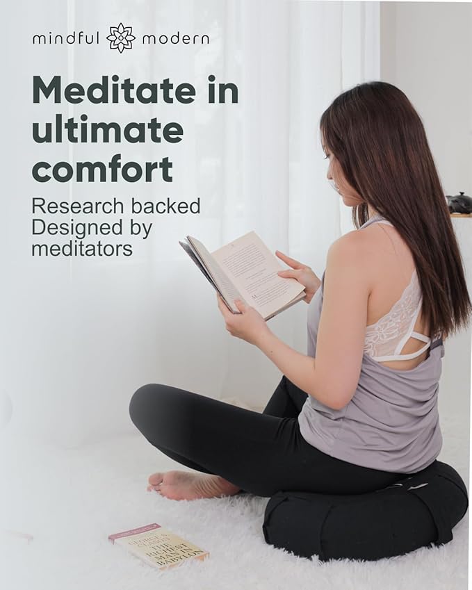 Mindful & Modern Large Meditation Cushion | Zafu Yoga Bolster Meditation Floor Pillow Seat | Buckwheat Hull Filled Crescent Shaped Cushion with Removable Washable Cover + Carry Handle (Minimal Black)