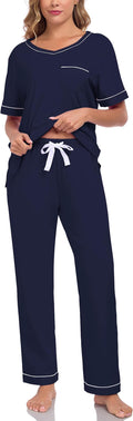 CF Women's 100% Cotton Pajama Sets Soft Short Sleeve Tops & Pants Comfy Sleepwear 2 Piece Lounge set with Pockets Loungewear