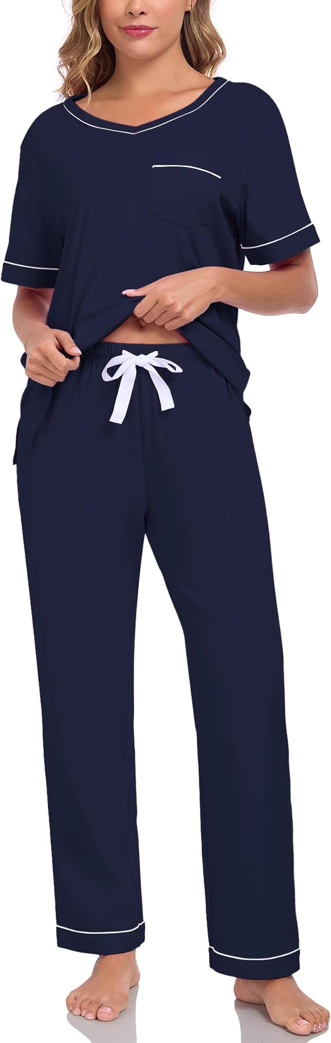 CF Women's 100% Cotton Pajama Sets Soft Short Sleeve Tops & Pants Comfy Sleepwear 2 Piece Lounge set with Pockets Loungewear