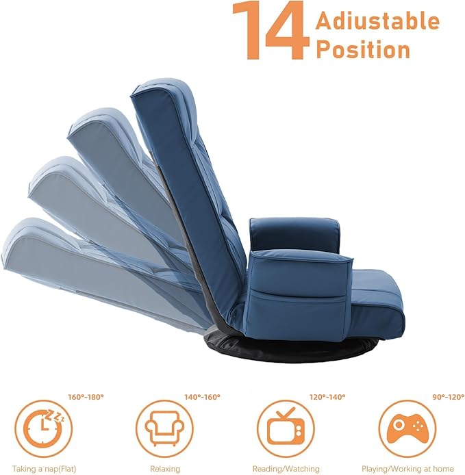 FLOGUOR 360° Swivel Gaming Floor Chair with Armrests – 14-Position Adjustable Folding Floor Sofa Lounger, Padded Backrest, Multi-Angle Recline for Home, Living Room & Office (Blue)