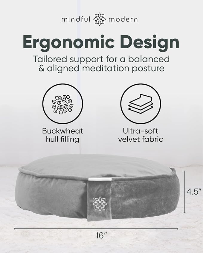 Mindful Modern Velvet Meditation Cushion | Luxe Zafu Yoga Floor Pillow Seat | Posture Support | Buckwheat Hull Filled | Large Round Cushion with Removable Washable Cover + Carry Handle