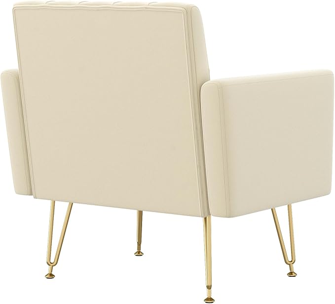 Accent Chair for Living Room, Comfy Oversized Velvet Upholstered Arm Chairs, Mid Century Modern Reading Single Sofa Side Chair with Tufted Back and Gold Legs for Bedroom (1, Beige)