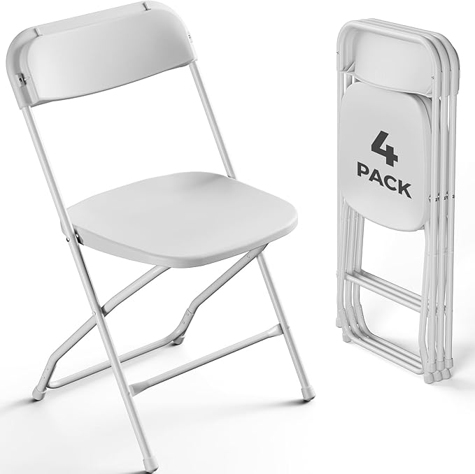 Folding Chairs 4 Pack, Plastic Folding Chairs for Outside, Heavy Duty Foldable Chairs, Sturdy Metal Folding Chairs, 350 lbs Capacity, for Patio, Garden, Camping, White