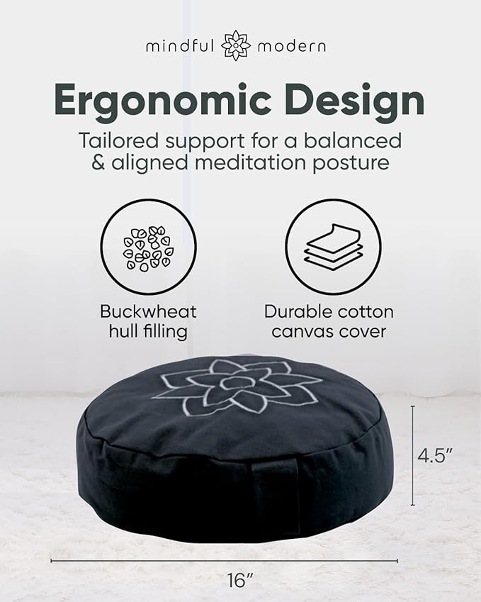 Mindful Modern Large Meditation Cushion for Zafu Yoga - Meditation Pillow for Sitting on The Floor - Buckwheat Hull Filled Yoga Cushion with Removable, Washable 100% Cotton Cover and Carry Handle