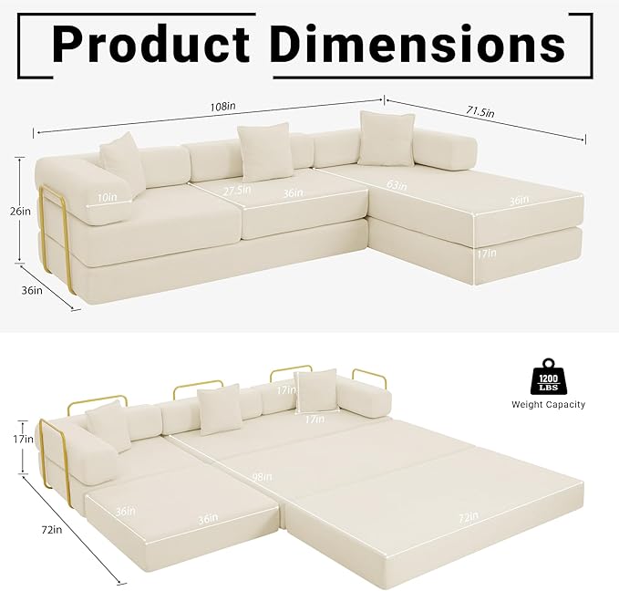 108" Convertible Sleeper Sofa Bed, Corduroy Folding Sofa Bed with Fixed-Shape Frame, Fold Out Floor Mattress Couch, Lazy Compression Sofas for Living Room, Bedroom, No Assembly Required,Beige