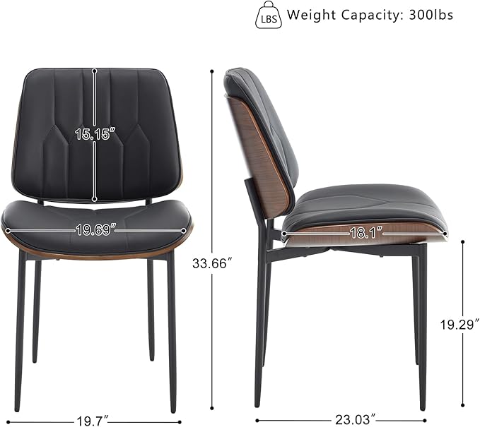 BV Mid Century Modern Dining Chairs Set of 2, Upholstered Pu Leather Accent Chair with Walnut Bentwood Back, Armless Kitchen Chair for Dining Room, Living Room, Kitchen, Black