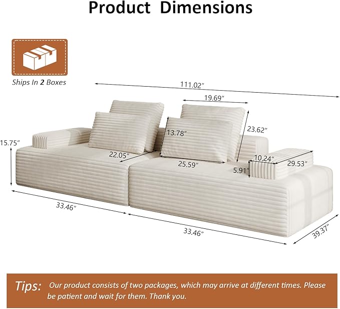 111" Oversized Chaise Lounge Boneless Chair Indoor, Cloud Couch Sectional, Sleeper Loveseat Sofa Bed, Modular Sectional Sofa,Corduroy Sofa, for Living Room, with Deep Seat, No Assembly Required ﻿