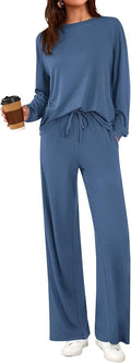 PRETTYGARDEN Womens 2 Pieces Lounge Sets Crewneck Long Sleeve Wide Leg Drawstring Pants Tracksuits Loose Fit Outfits Set