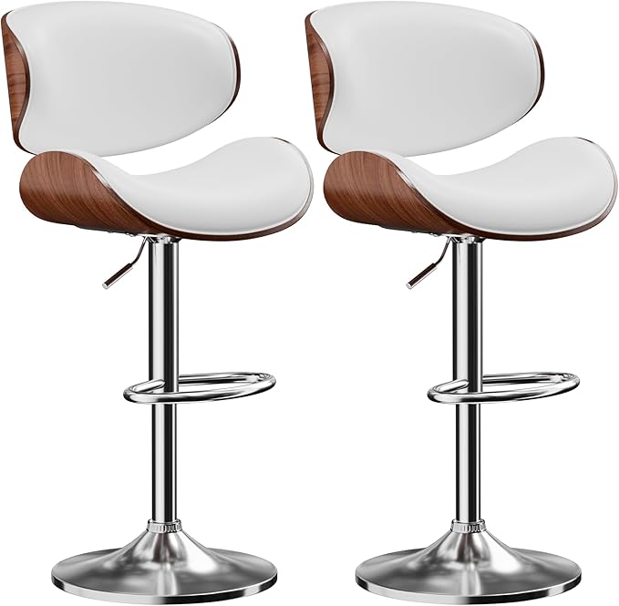 Aowos Bar Stools Set of 2, Adjustable Swivel Leather Bar Stools for Kitchen Island, Mid Century Modern Counter Height Bar Chairs Barstools with Back & Footrest (White)