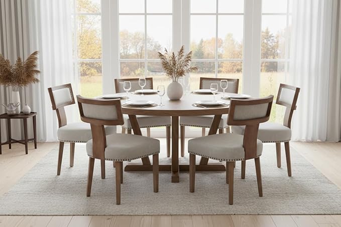 RIVOVA Mid Century Modern Dining Chairs Set of 6 PU Leather Upholstered Kitchen Side Chairs with Nailhead Trim, Modern Kitchen Armless Solid Wood Dining Chairs, Grey