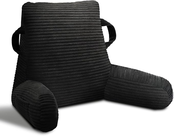 ABROLOY Reading Pillow for Sitting in Bed Adult, Bed Reading Pillow with Shredded Memory Foam, Back Pillow for Sitting with Arms and Pockets, Black