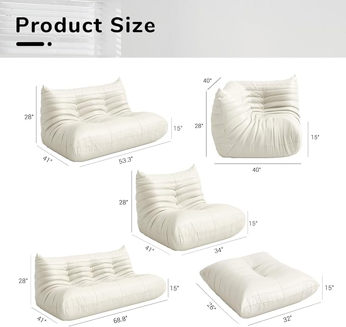 Comfy Lazy Floor Sofa Couch,Soft Armless Chair,Corner Faux Leather Lounge Chair,Corner Relax Sofa Couch for Living Room Bedroom,Salon Office,Adults(Corner+3P++2P+1P+Ottoman)