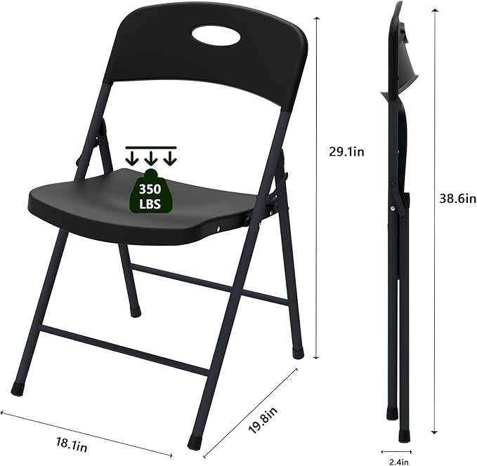 Plastic Folding Chair 4 Pack, Outdoor Sturdy Metal Folding Chairs for Outside Indoor, Portable 350 lbs Capacity Heavy Duty Foldable Commercial Seating for Picnic, Party, Patio, Black