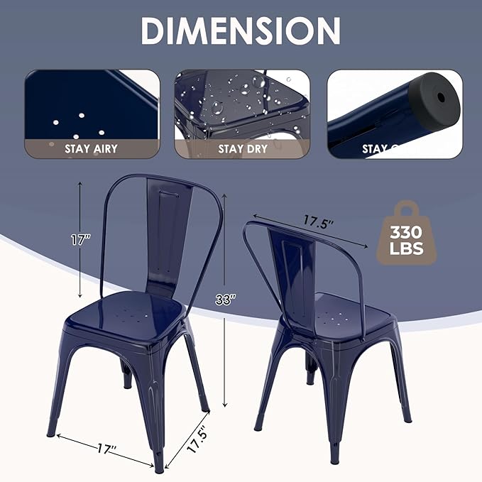 Metal Dining Chairs Set of 2,Stackable Tolix Chair Indoor/Outdoor for Kitchen,Cafe,Restaurant,Bistro & Patio Multiple Colors(Dark Blue)