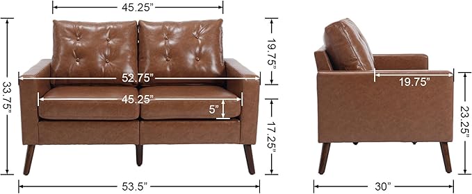 VESCASA 53" W Faux Leather Loveseat Sofa with Button Tufted Back, Mid Century Modern Upholstered 2 Seater Small Sofa Couch with Wood Legs, PU Leather Love Seats for Living Room/Bedroom, Caramel