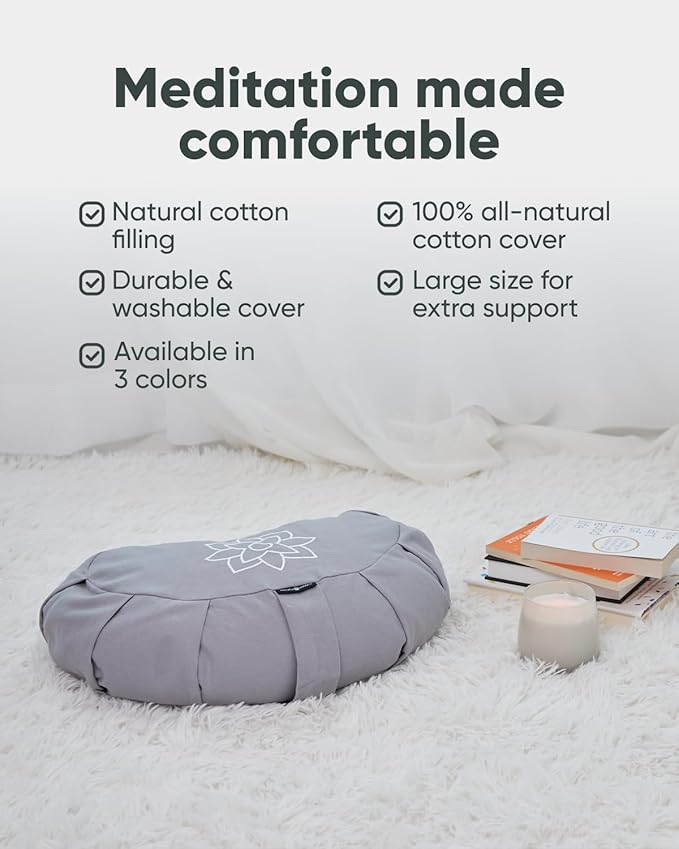 Mindful & Modern Large Meditation Cushion | Zafu Yoga Bolster Meditation Floor Pillow Seat | Buckwheat Hull Filled Crescent Shaped Cushion with Removable Washable Cover + Carry Handle | Grey