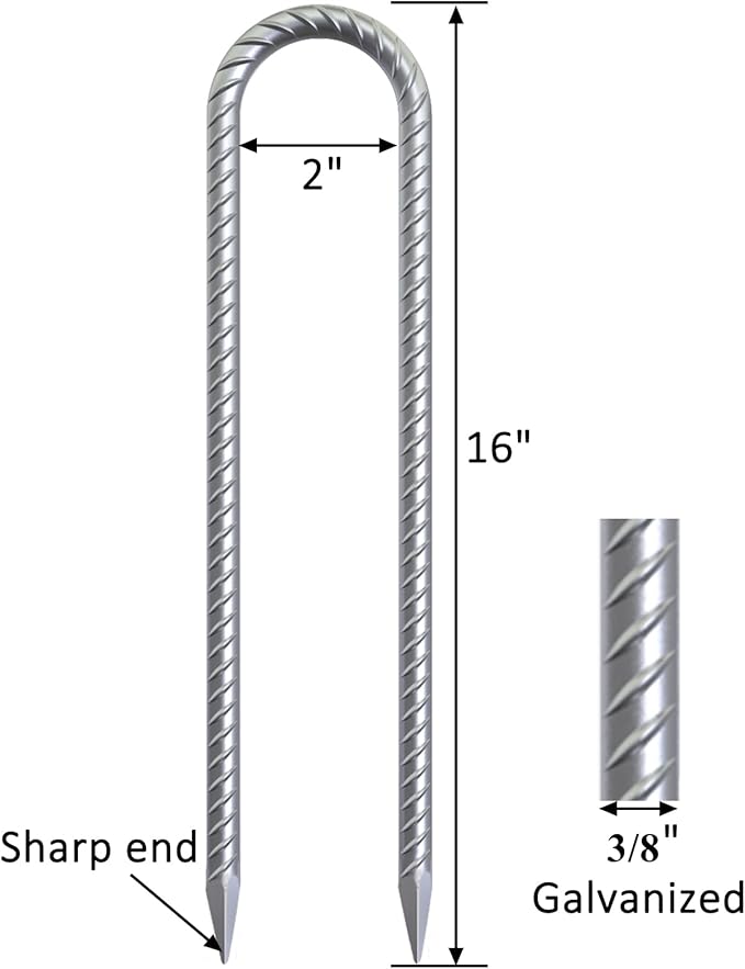 OK5STAR 16 Inch Heavy Duty Trampoline Stakes, U Shaped Rebar Ground Anchors for High Wind, 3/8" Thick Steel U Shaped Stakes for Trampoline, Tent, Canopy, Swing Set, Playground & Bounce House, 4 Pack