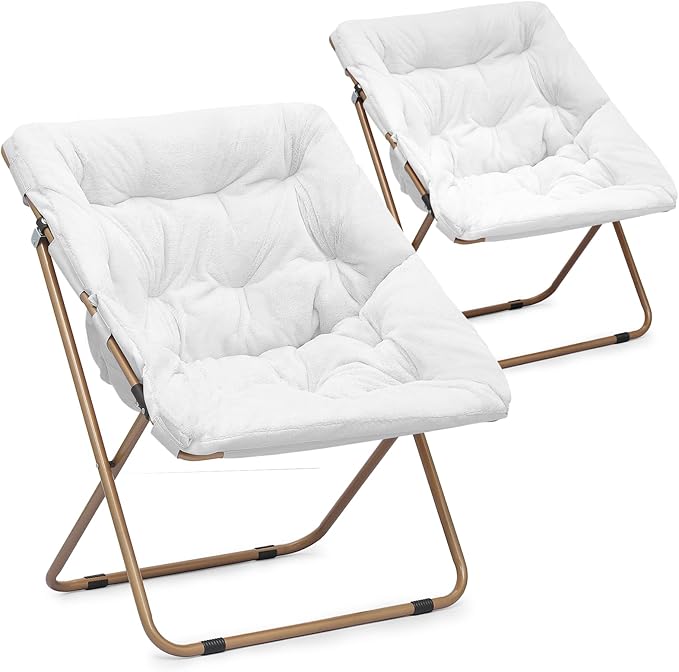 Athena Collection Saucer Chair for Adult, Square Comfy Cozy Chair Folding Chair Faux Fur Metal Frame Foldable Reading Chair Accent Chair for Bed Room Living Room Set of 2, White