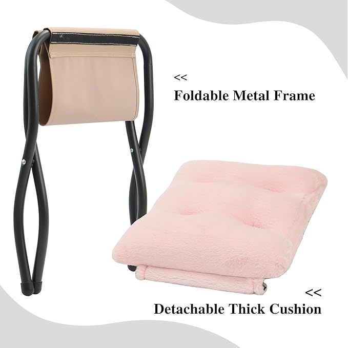 Mordchil HF 15"(H) Folding Ottoman, Foldable Footrest Stool, Portable Small Foot Stool for Couch, Collapsible Foot Rest Ottoman for Sofa, Accent Padded Ottomans for Living Room, Bedroom, Pink