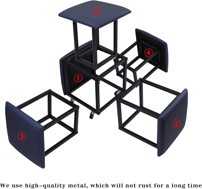 5 in 1 Nesting Ottoman Cube Chair, Stackable Stools, Leather Square Ottoman Bench, Foot Stool with Wheels for Living Room,Dining Room 15.75x15.75x16.54 inches
