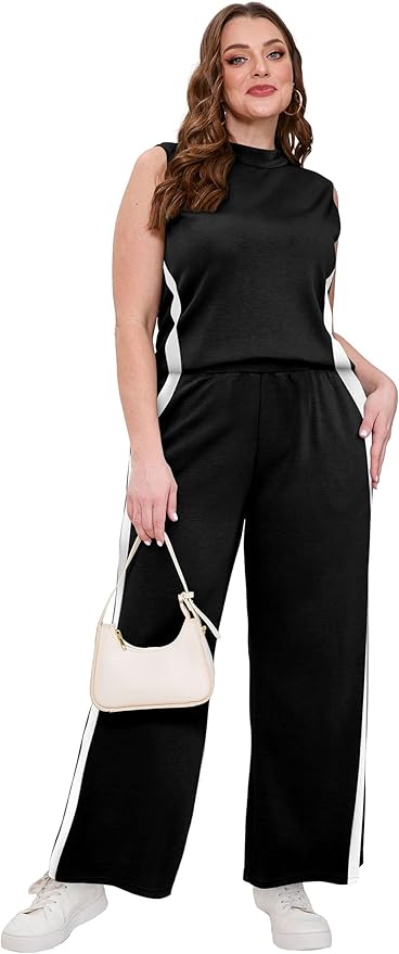 XIEERDUO Two Piece Sets for Women Summer Outfits Travel Mock Neck Lounge Sets Wide Leg Pants Beach Vacation Clothes