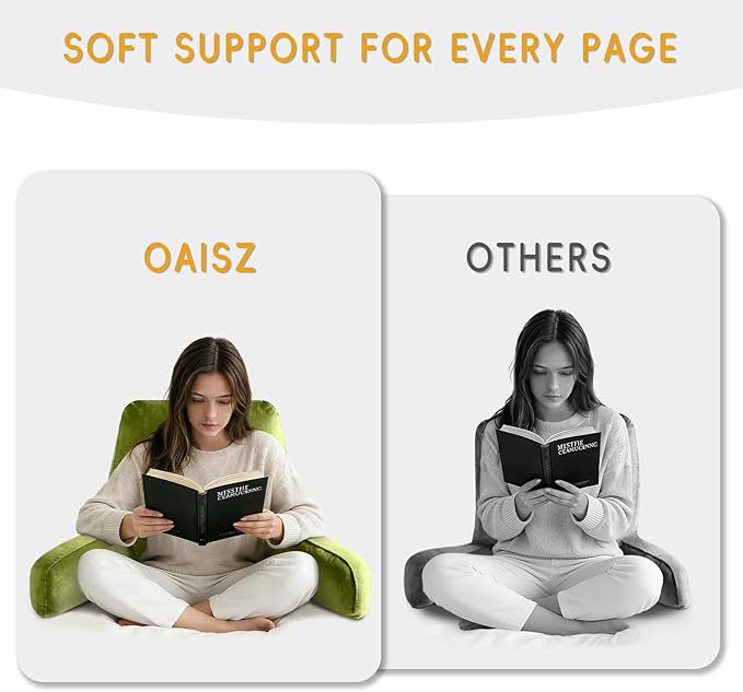 OAISZ Reading Pillow for Sitting in Bed Adult, X-Large Reading Pillow with Shredded Memory Foam, Back Pillow for Sitting Up with Extend Arms, Pockets, Bed Pillow with Washable Cover, FluorescentGreen