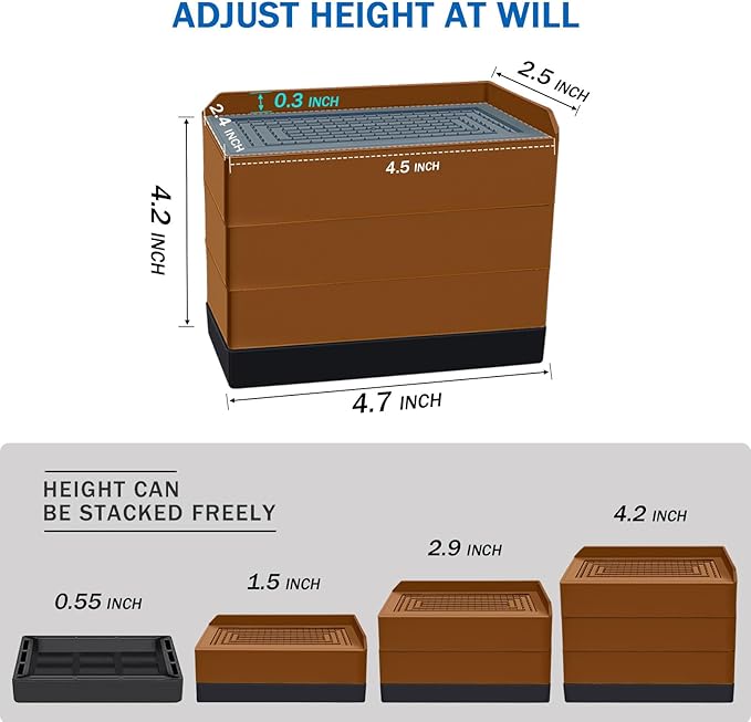 ANNKUT Furniture Risers 4 Inch, Heavy Duty Furniture Elevator in Heights of 1.5, 3 or 4 Inch， Rectangle Raising Blocks for Bed, Couch, Desk, Sofa, Tables,Support Up to 1,300 Lbs (4 Pack-Brown)