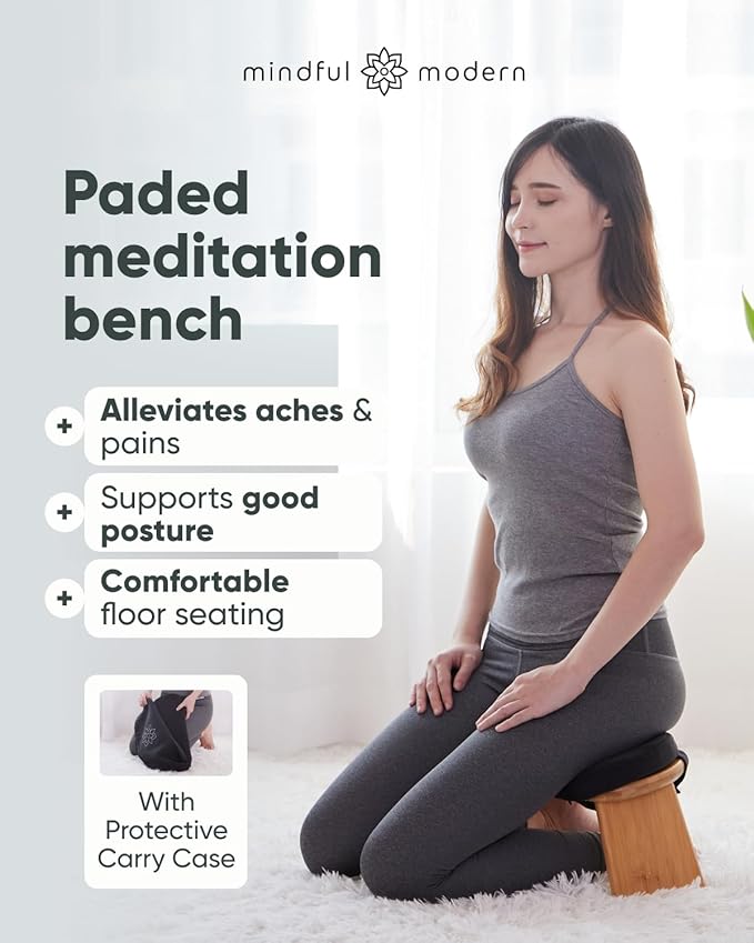 Mindful Modern Folding Meditation Bench - Bamboo Kneeling Stool w/Locking Magnetic Hinges - Prayer Kneeler Seiza Chair w/Soft Pillow & Travel Bag