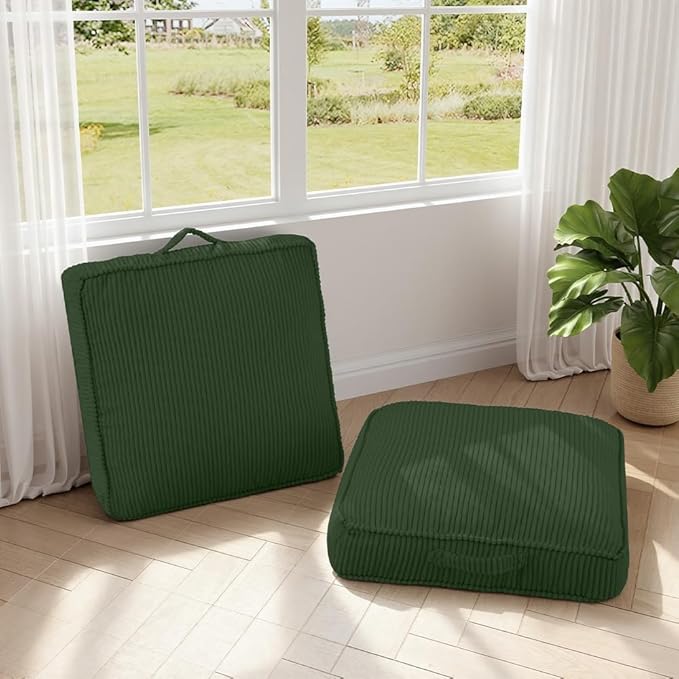 PRIMEPATIO Floor Pillow for Adults Set of 2, 4" Square Floor Cushions with Washable Cover, Large Corduroy Meditation Pillow, 22 inches Tatami Seat with Handle for Living Room or Yoga, Green