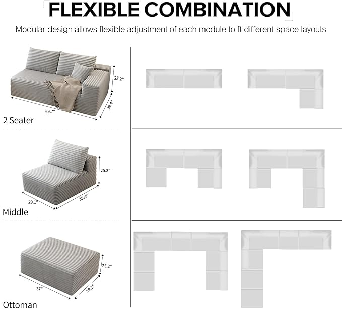139.4" Modular Sectional Sofa, U-Shaped Minimalist Couches with 2 Middle Seats, Modern Deep Seat Convertible Sleeper Sofa Bed,Cloud Plush Corduroy Fabric, No Assembly Required, 6 Seater, Grey