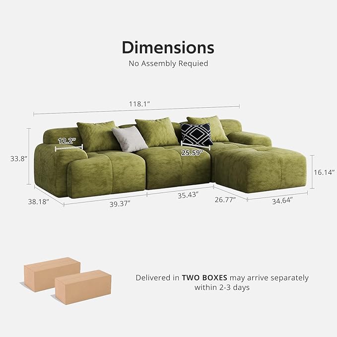Aosaifen Modern L-Shaped Modular Sectional Sofa for Living Room，Oversized 3-Seater Couch with Deep Seat and Movable Ottoman – No Assembly,Comfortable Corduroy Fabric Boneless Sofa (Green)
